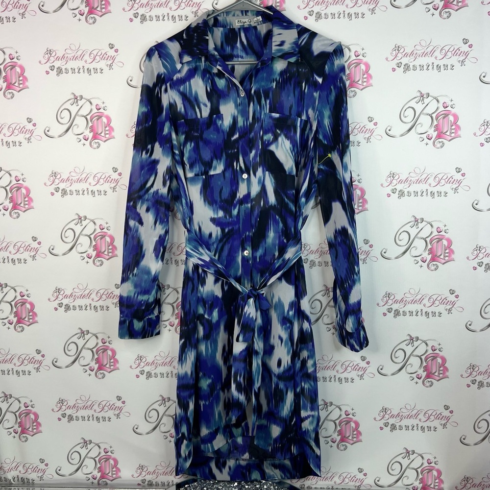 Eliza J dress button up pockets tie waist belt Abstract Blue Long Sleeve Dress